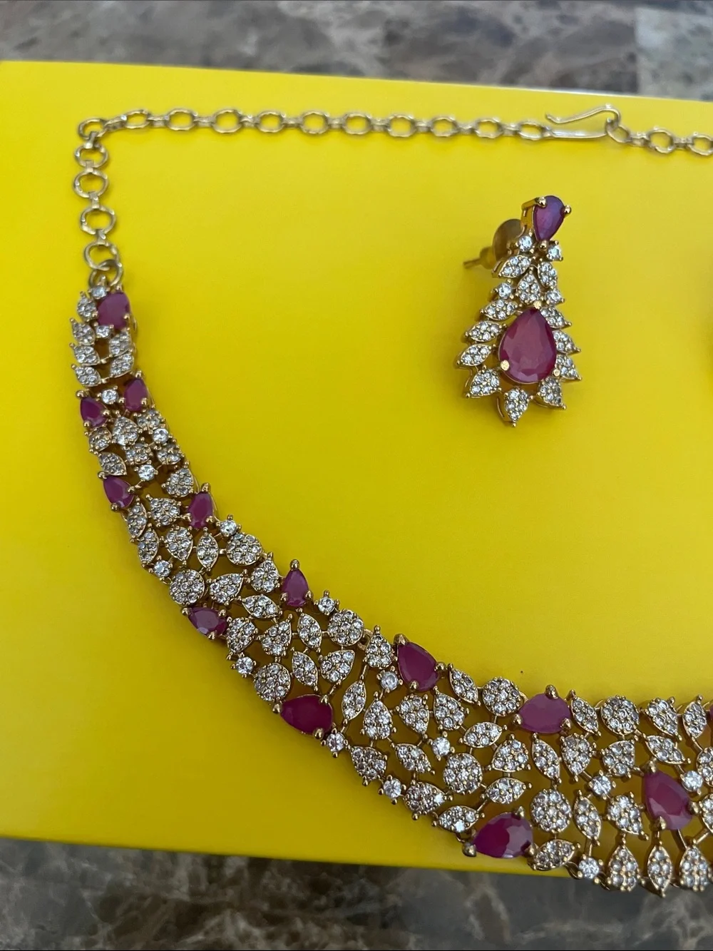 Gold-Tone Necklace and Earring Set with Ruby-Red Stones